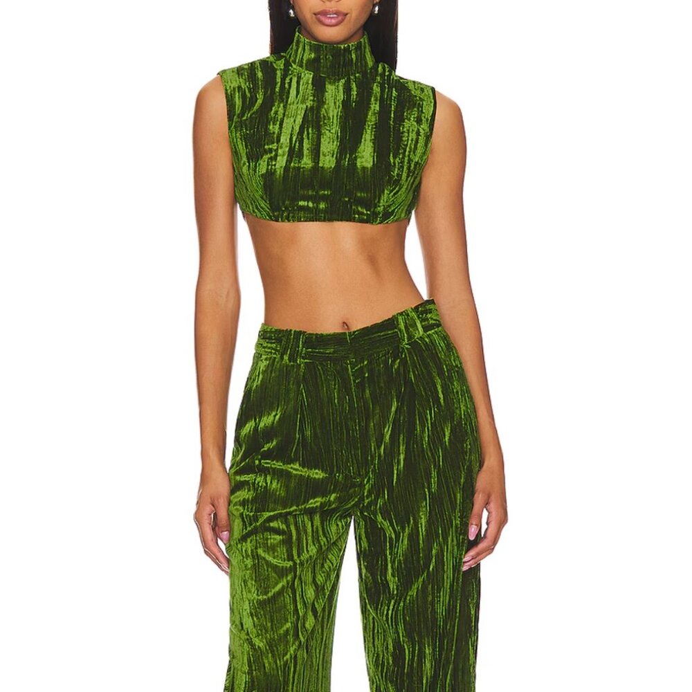 NBD Crinkle Velvet Green Wide Legs Pants and Crop Top Sz XS Revolve